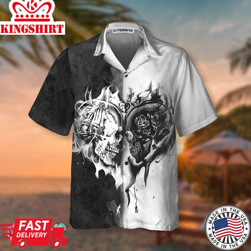 Skull Heart Flame Hawaiian Shirt, Black And White Skull Shirt For Men And Women