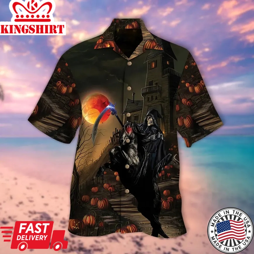 Skull Horseman Halloween Trendy Hawaiian Shirt, Horse Trendy Hawaiian Shirt For