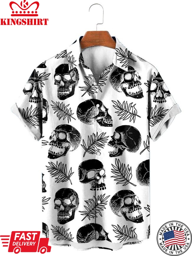 Skull Leaf Print Hawaiian Short Sleeve Shirt