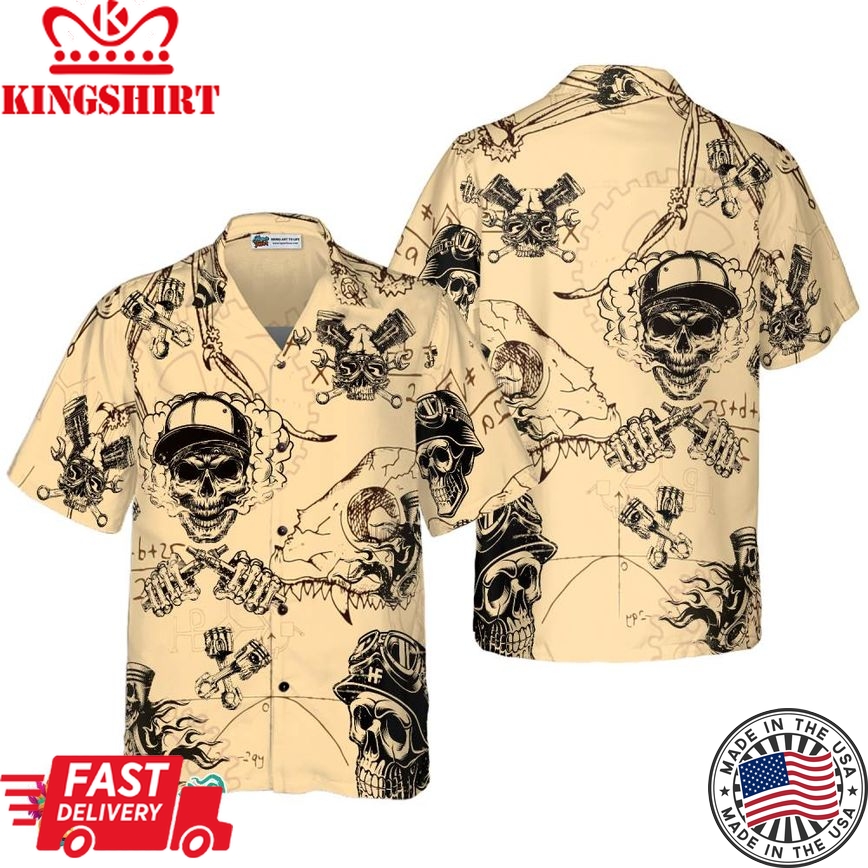 Skull On Retro Mechanism Background Hawaiian Shirt