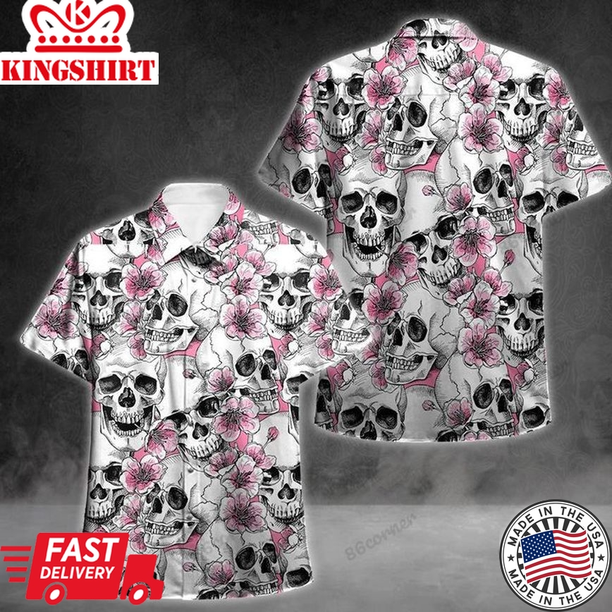 Skull Pink Flowers Trendy Hawaiian Shirt, Summer Aloha Shirt, Gift For Summer