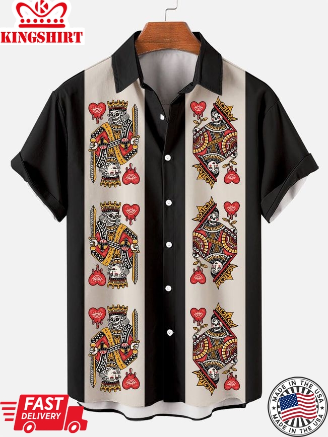 Skull Playing Card Stitching Stripe Print Men's Short Sleeve Shirt