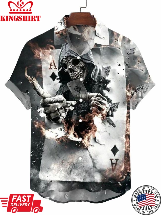 Skull Poker Print Short Sleeve Button Down Shirt