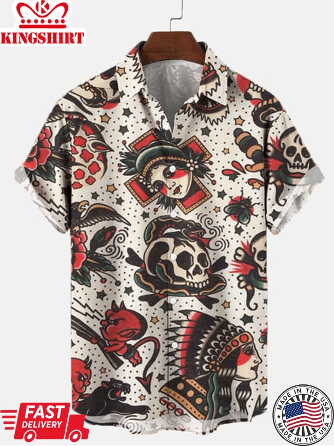 Skull Print Men's Hawaiian Casual Short Sleeve Shirt