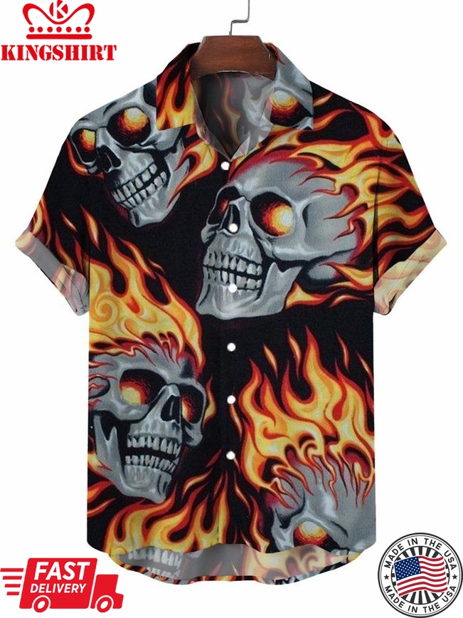 Skull Print Short Sleeve Button Down Shirt