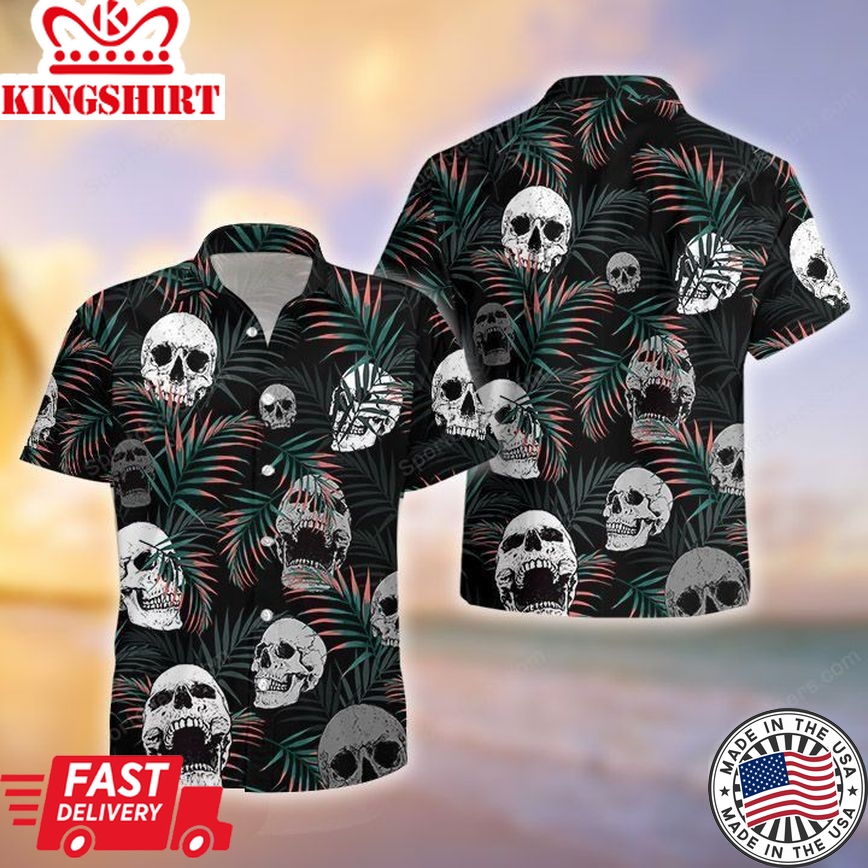 Skull Red Blue Tropical Trendy Hawaiian Shirt, Summer Gift, Trendy Hawaiian Shirts For Men, Aloha Beach Shirt