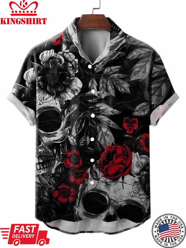 Skull Rose Print Casual Short Sleeve Hawaiian Shirt