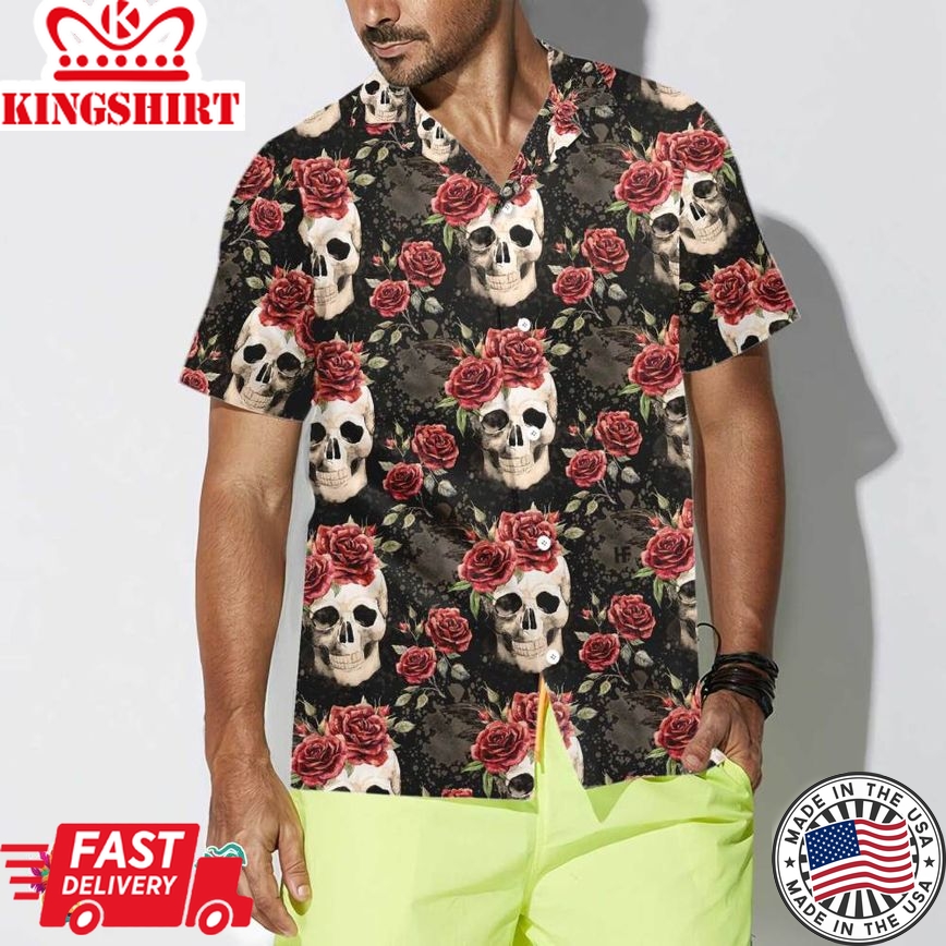 Skull Rose Vintage Hawaiian Shirt, Red Roses Gothic Skull Shirt