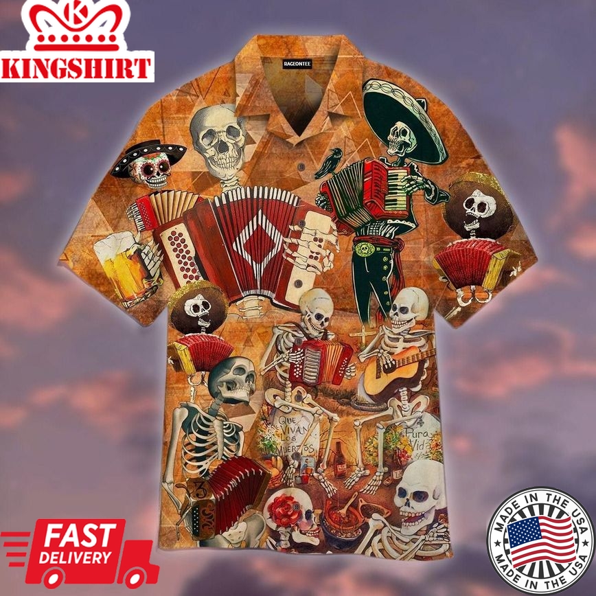 Skull Skeleton Accordion Music Halloween Trendy Hawaiian Shirt For