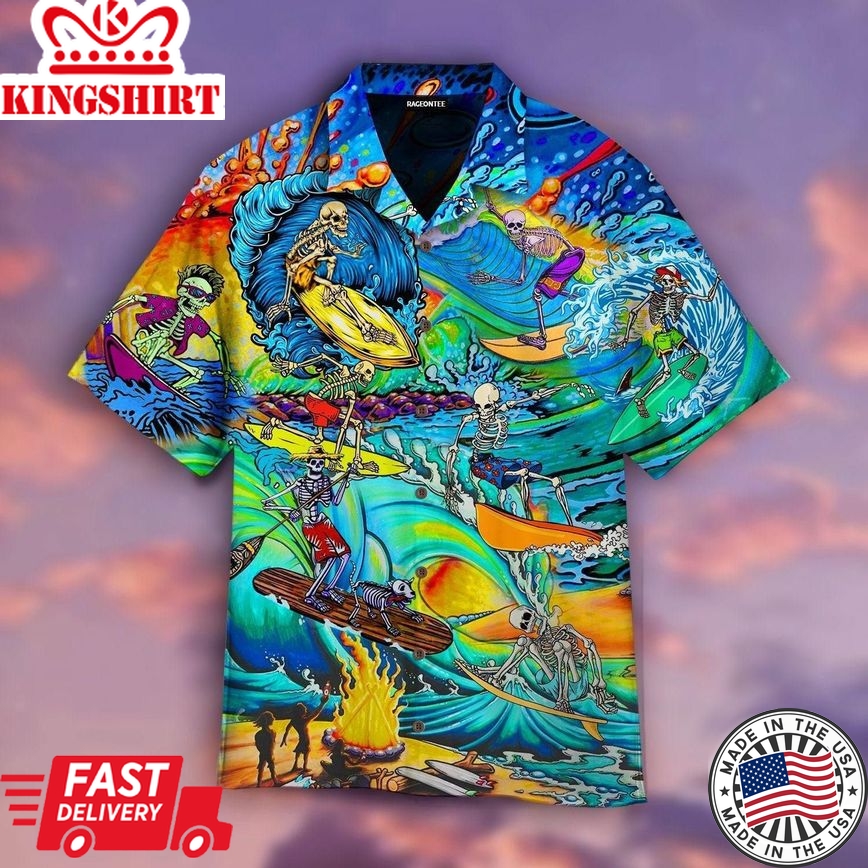 Skull Skeleton Surfing On The Beach Halloween Aloha Trendy Hawaiian Shirts For Men & For Women