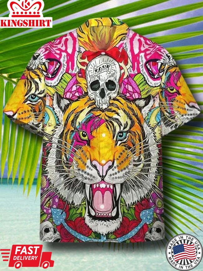 Skull Tigers Print Short Sleeve Summer Hawaiian Shirt