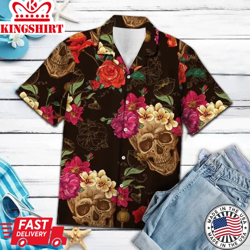 Skull Trendy Hawaiian Shirts, Smiling Skull Flower Palm Leaves Summer Vacation Themed Trendy Hawaiian Shirt