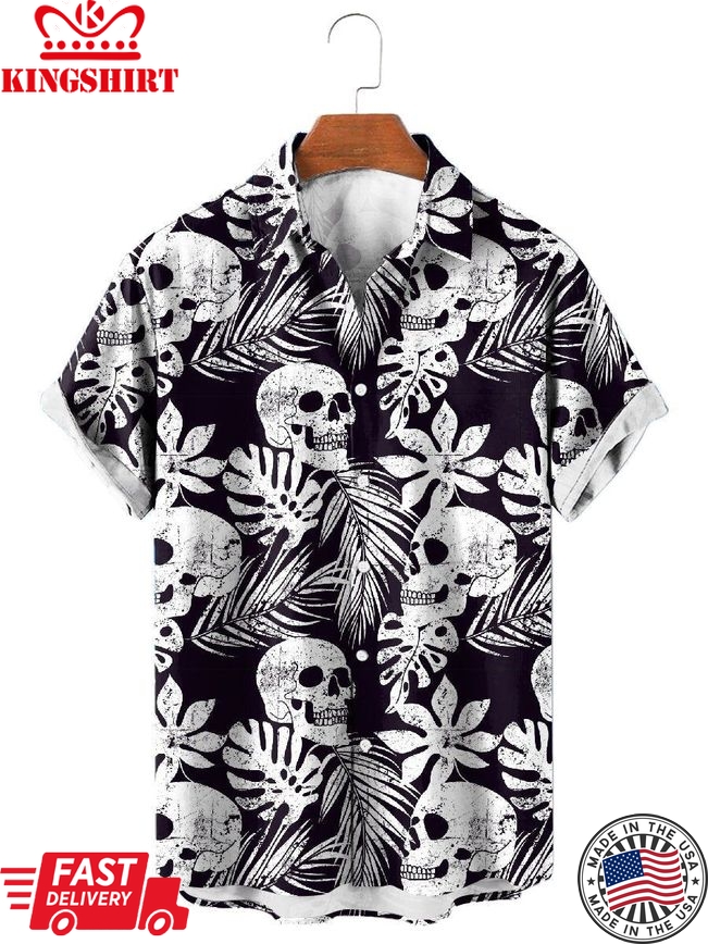 Skull Tropical Leaf Print Hawaiian Short Sleeve Shirt