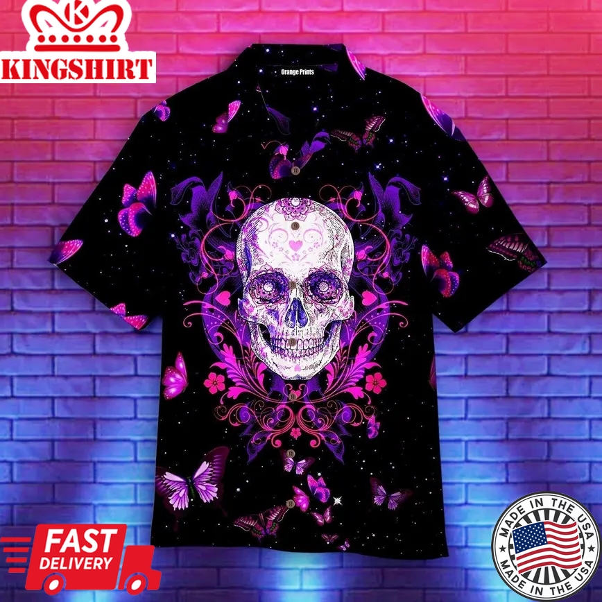 Skull With Butterfly Purple Trendy Hawaiian Shirt For