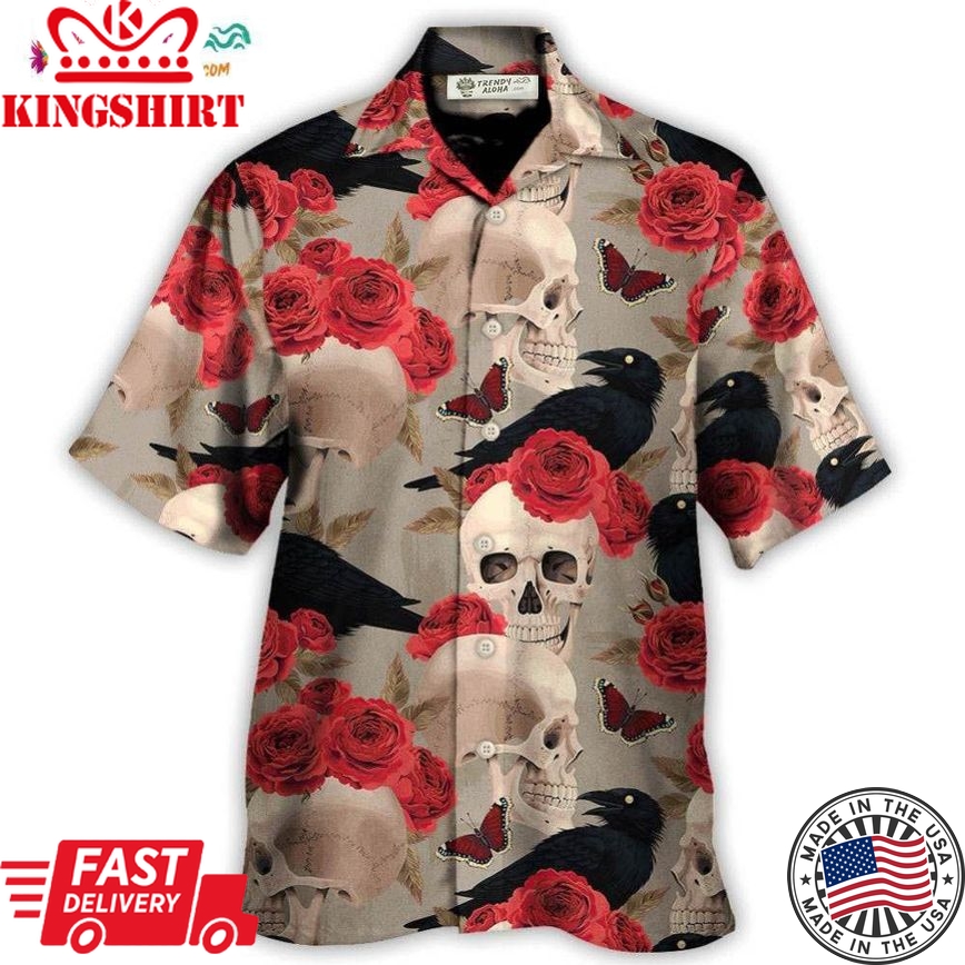 Skull With Rose Flower And Raven Gothic Style Hawaiian Shirt