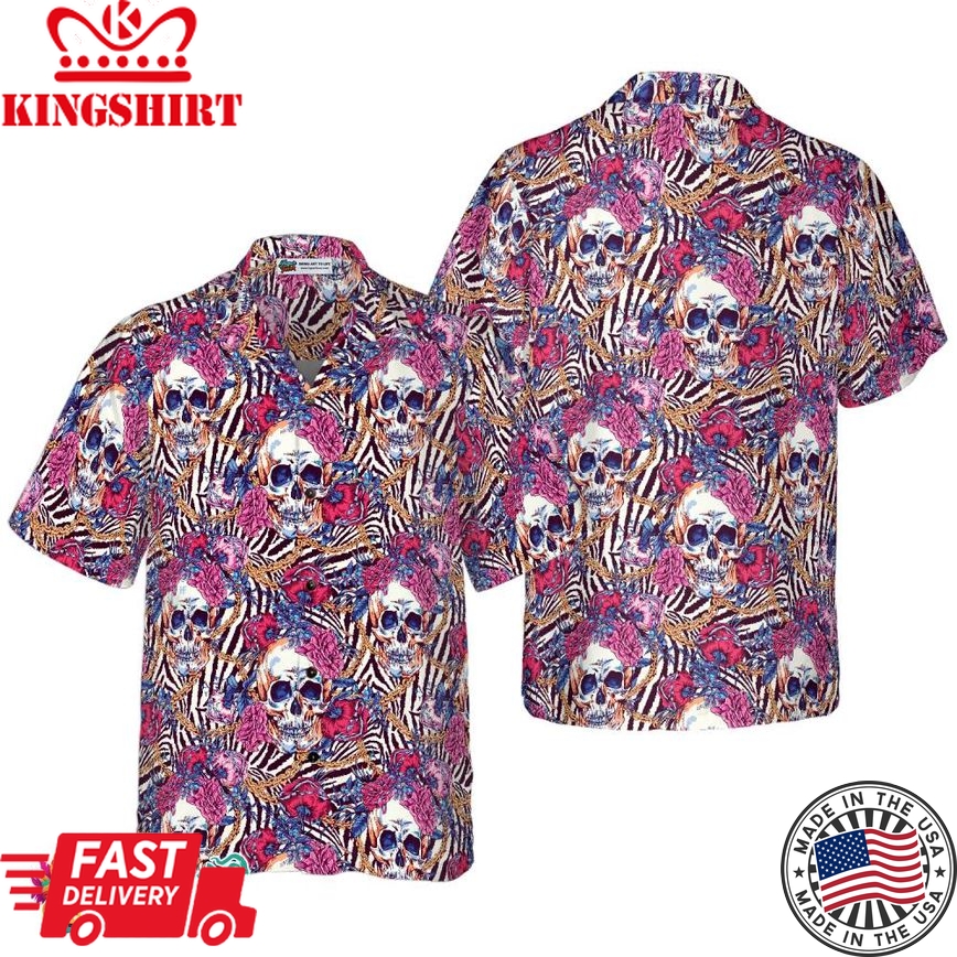 Skull With Roses On Zebra Background Hawaiian Shirt