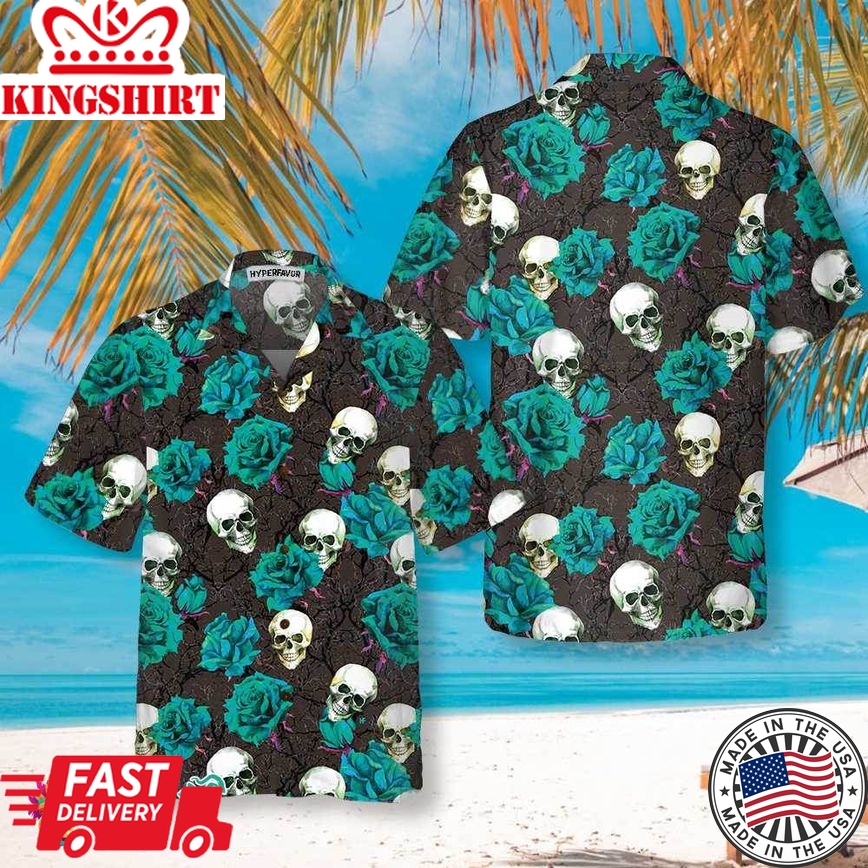 Skulls & Rose Branches Hawaiian Shirt, Blue Roses And Gothic Skull Shirt For Men And Women