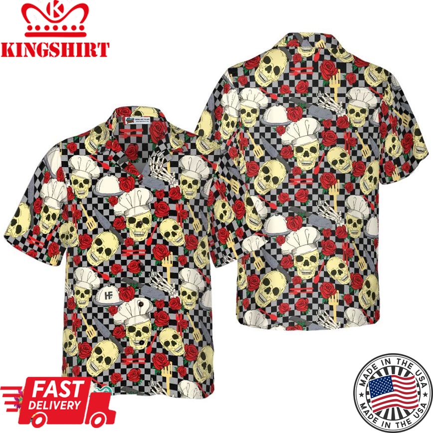 Skulls In Chef Hats And Red Roses Patterned Hawaiian Shirt