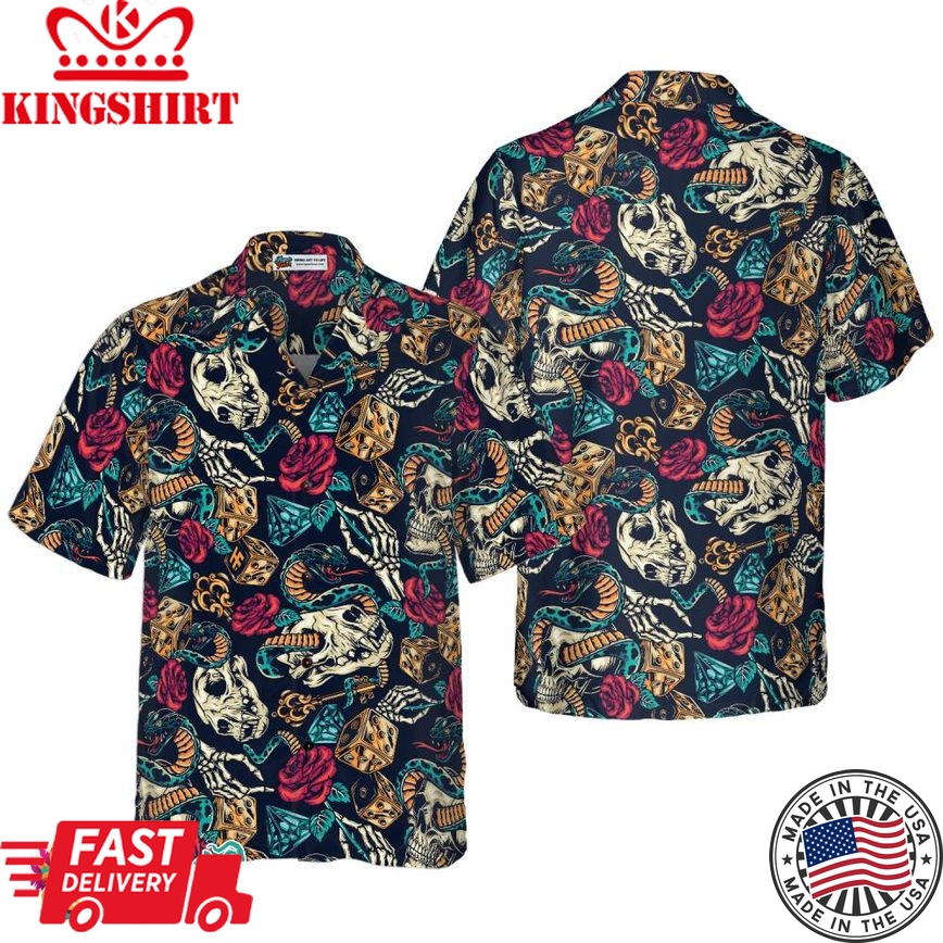 Skulls With Blue Snakes And Red Roses Hawaiian Shirt