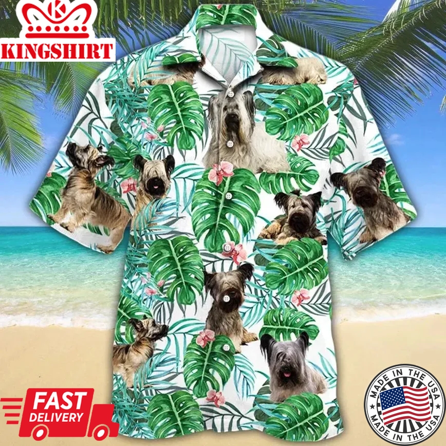 Skye Terrier Dog With Green Monstera Leaves Trendy Hawaiian Shirt