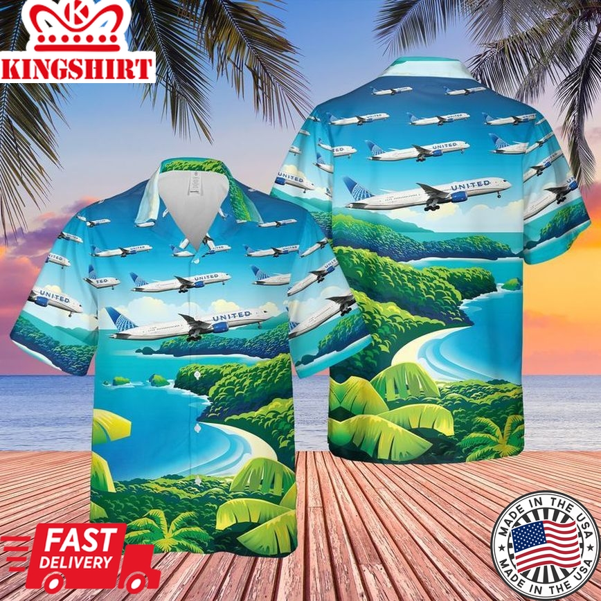 Skyward Adventure: United Airlines Boeing 787-9 Dreamliner Trendy Hawaiian Shirt for Men