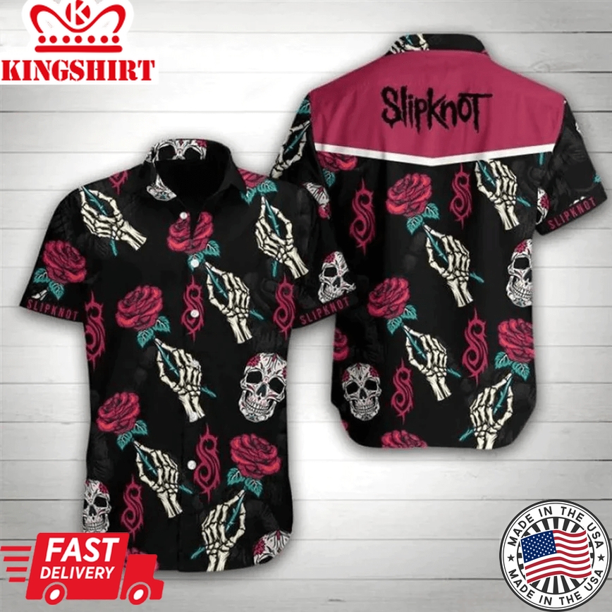 Slipknot Band Rose Skull Trendy Hawaiian Shirt - Mens Trendy Hawaiian Shirt - Best Trendy Hawaiian Shirts - Skull Gifts For Him