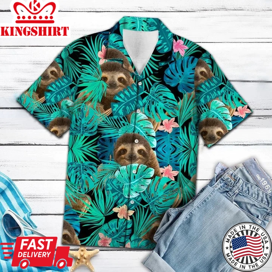 Sloth Tropical Palm Leaves Summer Vacation Gift Ideal Trendy Hawaiian Shirt