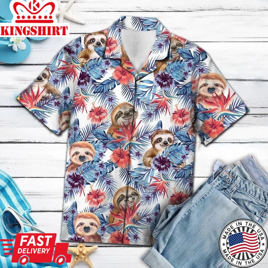 Sloth With Paradise Flowers And Hibiscus Trendy Hawaiian Shirt