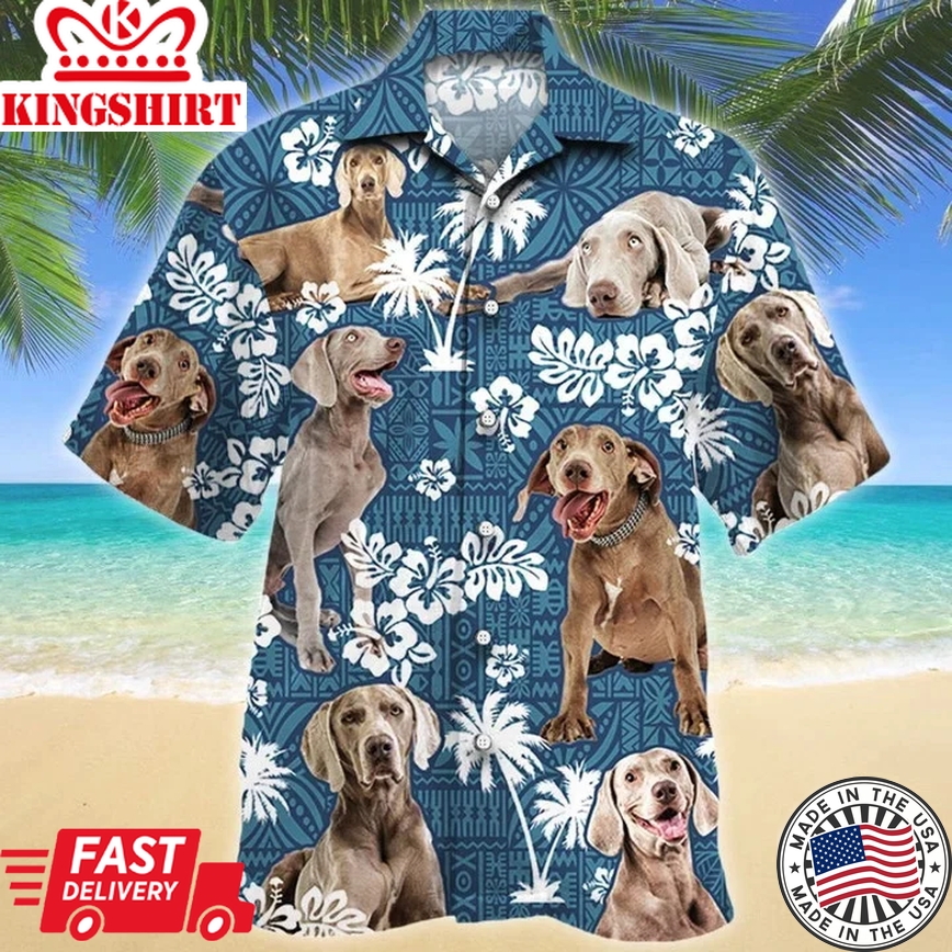 Smart Weimaraner Dog Lovers Blue Tribal Trendy Hawaiian Shirt- Summer Button Down Mens Trendy Hawaiian Shirts Short Sleeve