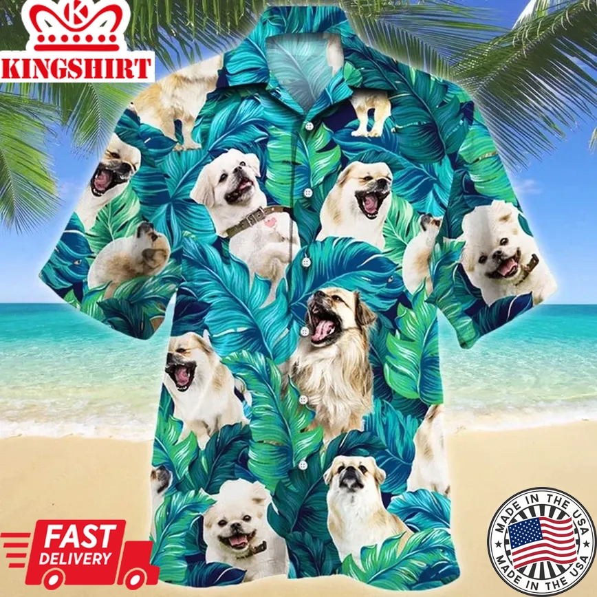 Smiling Tibetan Spaniel Dog Tropical Palm Leaves Trendy Hawaiian Shirt, Summer Hawaii Shirt