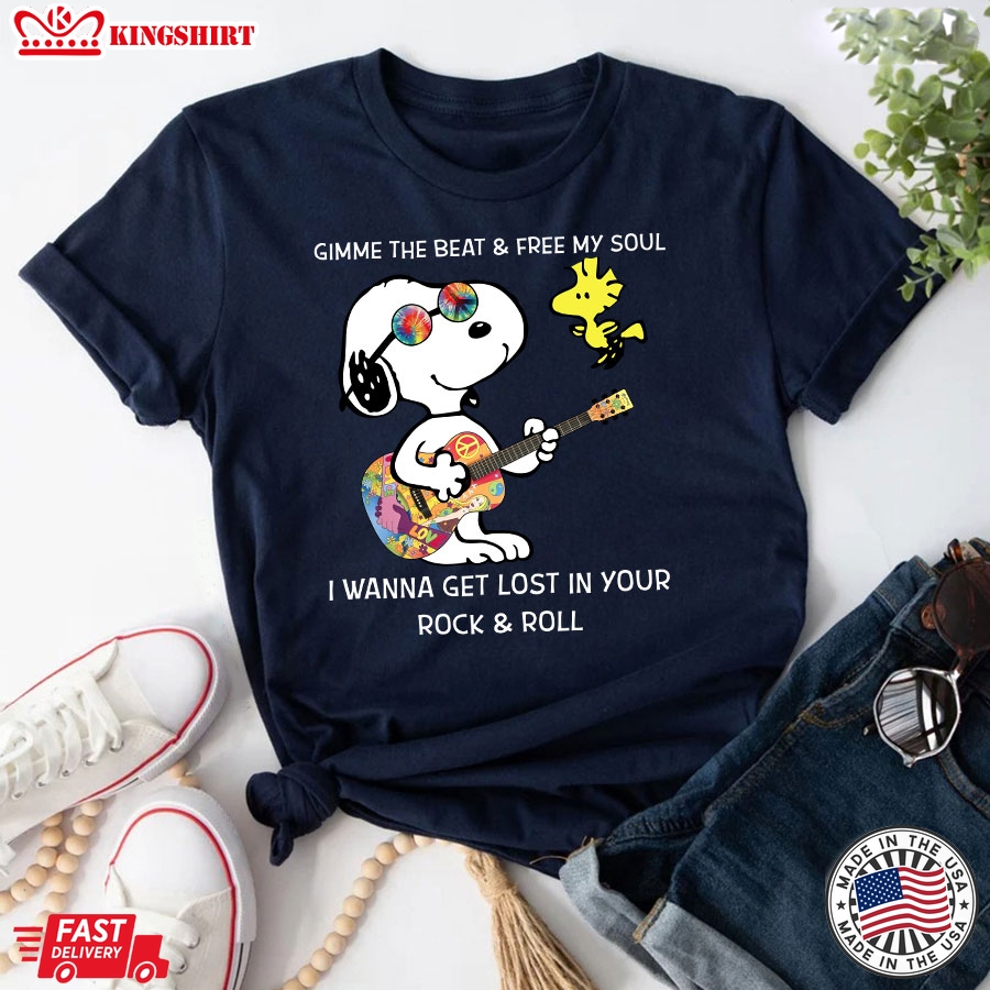 Snoopy And Woodstock Gimme The Beat & Free My Soul I Wanna Get Lost In Your Rock & Roll T-Shirt