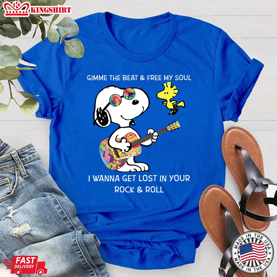 Snoopy And Woodstock Gimme The Beat & Free My Soul I Wanna Get Lost In Your Rock & Roll T-Shirt