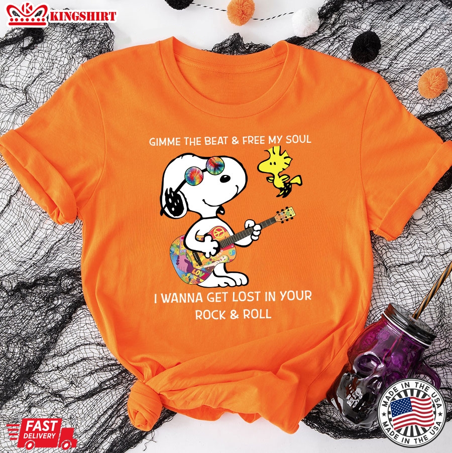 Snoopy And Woodstock Gimme The Beat & Free My Soul I Wanna Get Lost In Your Rock & Roll T-Shirt