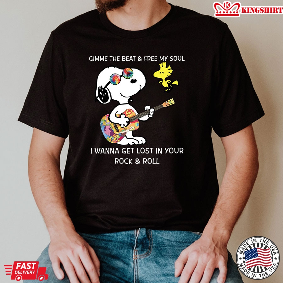 Snoopy And Woodstock Gimme The Beat & Free My Soul I Wanna Get Lost In Your Rock & Roll T-Shirt