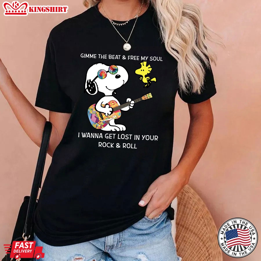 Snoopy And Woodstock Gimme The Beat & Free My Soul I Wanna Get Lost In Your Rock & Roll T-Shirt