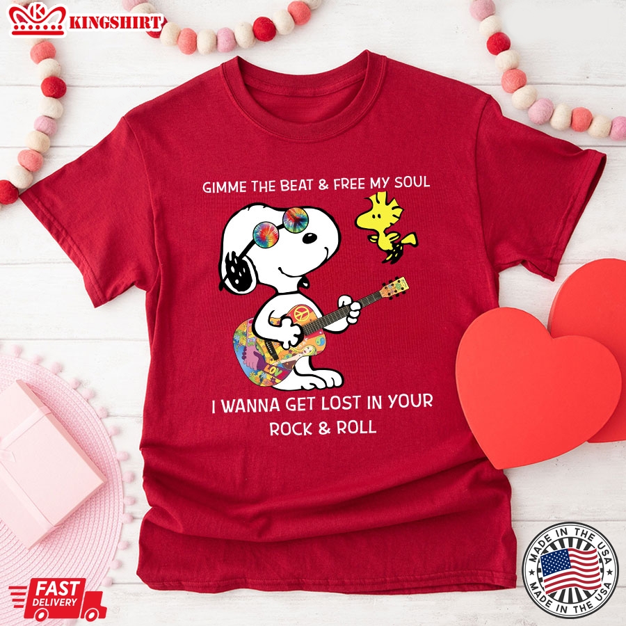 Snoopy And Woodstock Gimme The Beat & Free My Soul I Wanna Get Lost In Your Rock & Roll T-Shirt