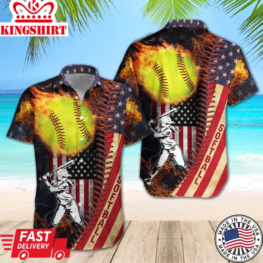 Softball Usa Flag Hawaii Shirt, Regular Fit Short Sleeve Casual Hawaiian Print Shirt Malalan