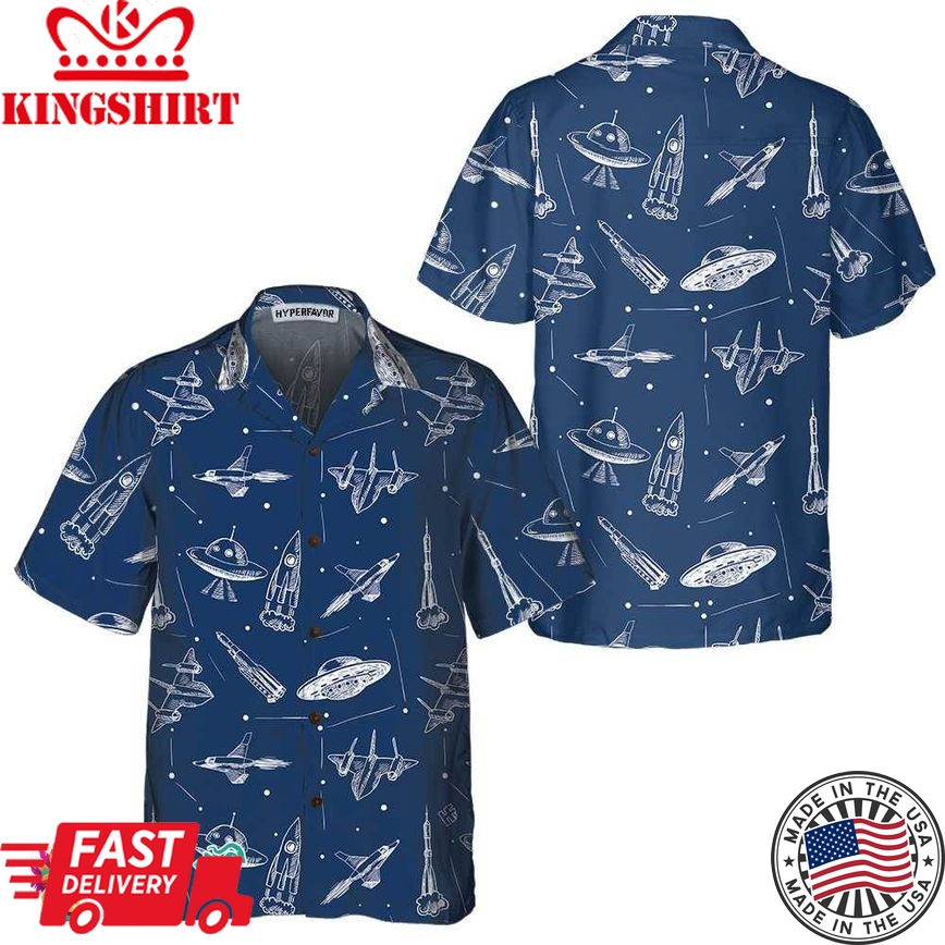 Space Aircraft Seamless Pattern Hawaiian Shirt, Navy Aircraft Aviation Shirt For Men