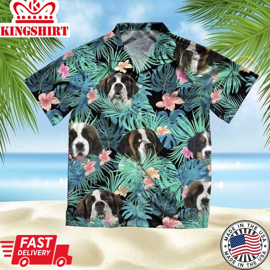 St. Bernard Trendy Hawaiian Shirt, Dog Summer Leaves Trendy Hawaiian Shirt, Unisex Print Aloha Short Sleeve Casual Shirt Summer Gifts