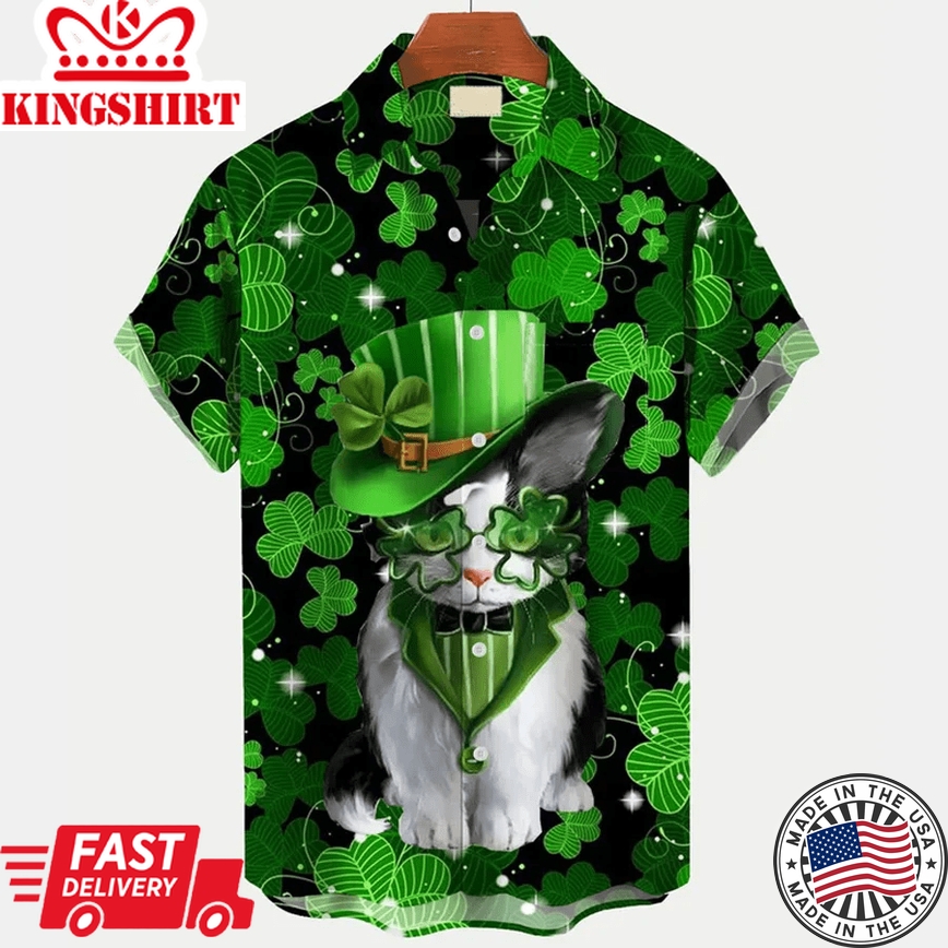 St. Patrick's Day Cat Print Men's Trendy Hawaiian Shirt, Trendy Hawaiian Shirt For Men And Women