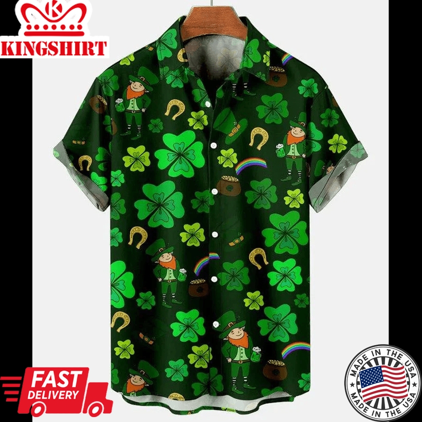 St. Patrick's Day Clover Rainbow Casual Men's Large Short Sleeve Shirt