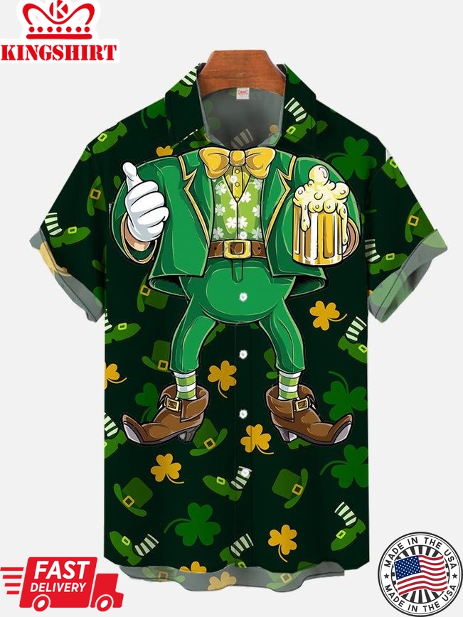 St. Patrick's Day Goblin Leprechaun Costume With Beer Printing Men's Short Sleeve Aloha Hawaiian Shirt