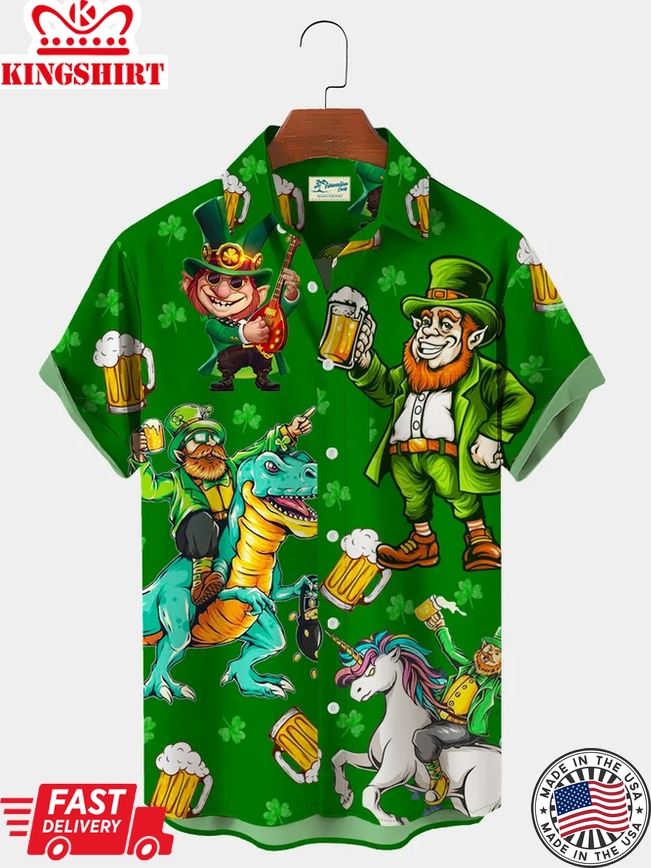 St. Patrick's Day Green Shamrock Dinosaur Fun Print Trendy Hawaiian Shirt Plus Size Vacation Shirt