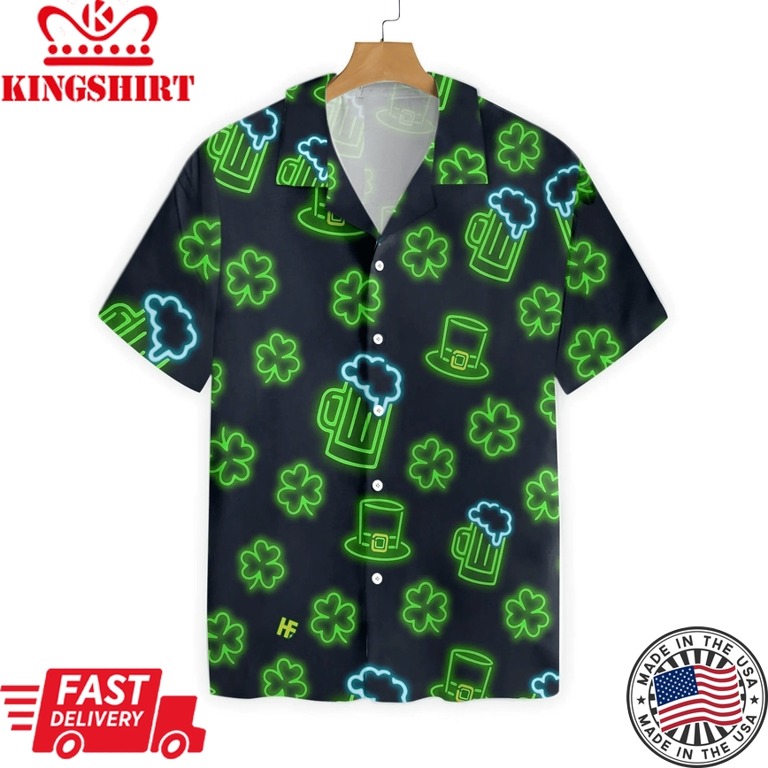 St Patrick's Day Hawaii Shirt Beer Cup Hat Clover Neon Light Black Aloha Shirt St Patrick's Day Trendy Hawaiian Shirt