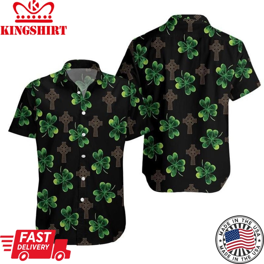 St Patrick's Day Hawaii Shirt Celtic Cross Clover Black Aloha Shirt St Patrick's Day Trendy Hawaiian Shirt