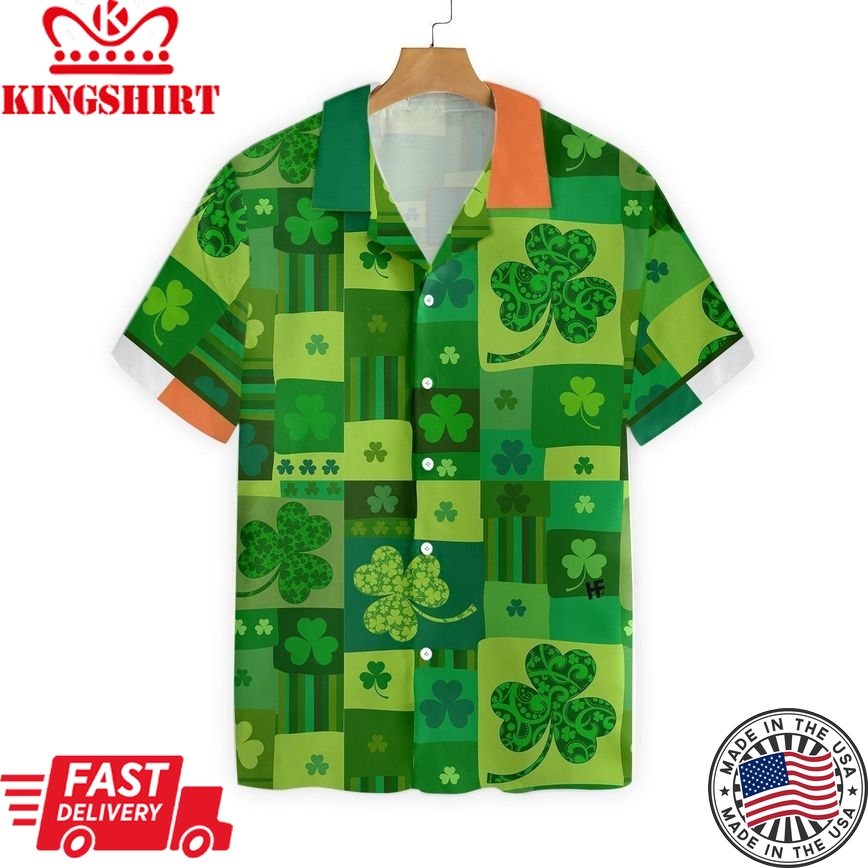 St Patrick's Day Hawaii Shirt Lucky Four Leaf Clover Pattern Aloha Shirt St Patrick's Day Shirt