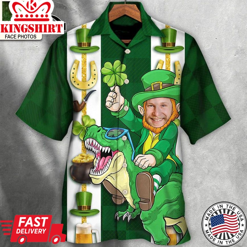 St Patrick's Day Leprechaun Riding Dinosaur Funny Custom Photo Personalized Hawaiian Shirt