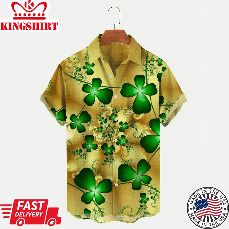 St. Patrick's Day Shamrock Print Men's Trendy Hawaiian Shirt, Trendy Hawaiian Shirt For Men And Women