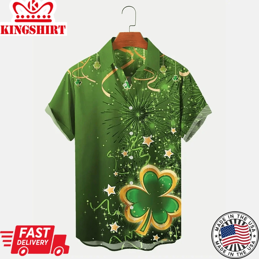 St. Patrick's Day Shamrock Print Men's Trendy Hawaiian Shirts Casual Comfortable Plus Size Shirts