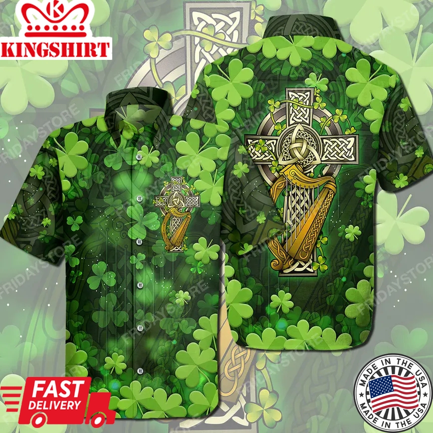 St Patrick's Day Trendy Hawaiian Shirt Irish The Celtic Cross St Patrick's Day Hawaii Tshirt St. Patrick's Day Aloha Shirt